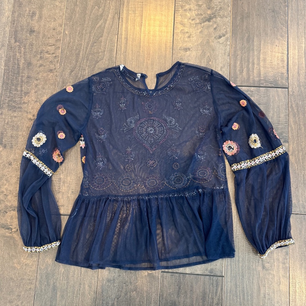 Zara Blue Mesh Boho Style Top Large - Picture 2 of 6